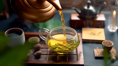清新淡雅的绿金日式热乌龙茶摄影图
