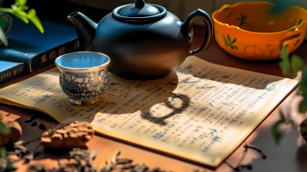 书法风格陶瓷杯上的米茶摄影图