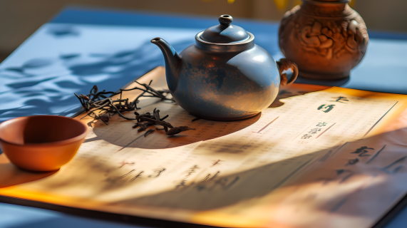 中国书法风格的茶壶托盘摄影图