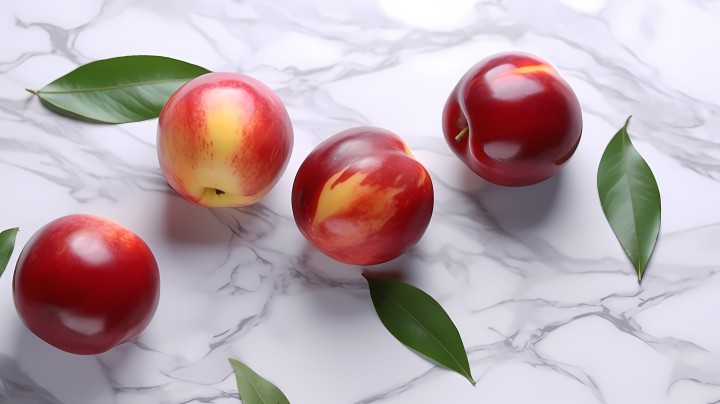 白色大理石上的四个成熟桃子和叶子高清图版权图片下载