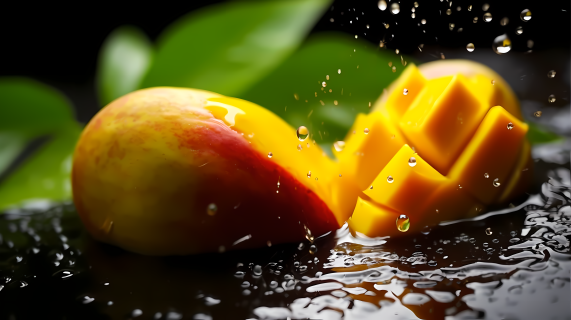 夏季水滴悬挂的芒果摄影图