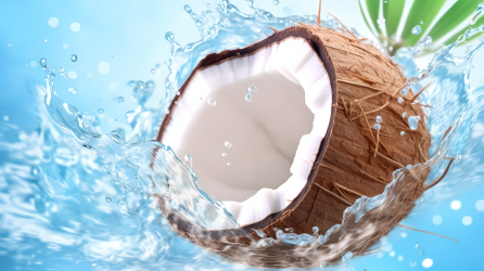 夏日饮品椰子落水绿叶摄影图