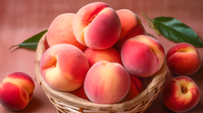 粉红与淡红色的成熟桃子篮子中的摄影图