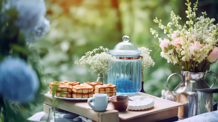 蓝色花瓶里的茶点户外桌面摄影图