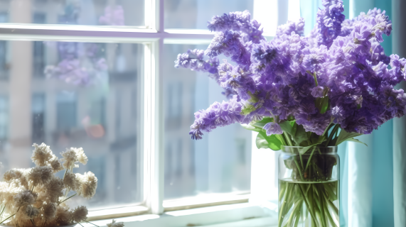 窗边自然美淡靛与浅翠的紫白花朵摄影图