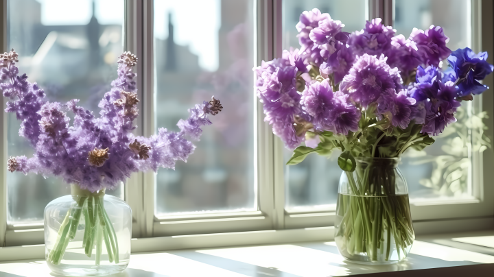 紫色花卉在窗台上以轻盈的白色和淡靛蓝色为风格的摄影图版权图片下载