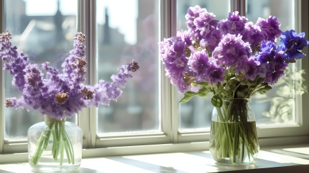 紫色花卉在窗台上以轻盈的白色和淡靛蓝色为风格的摄影图