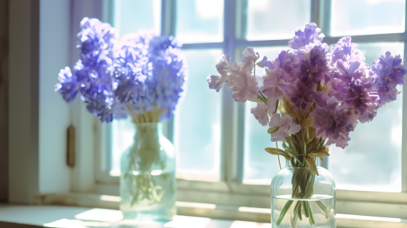 紫罗兰和靛蓝色的花瓶窗前摄影图
