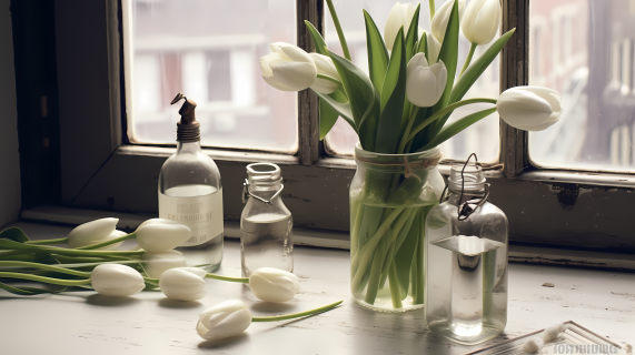 白色郁金香和瓶子在窗台上的摄影图片