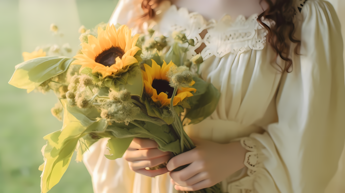 中古风女子手持老式葵花花束摄影图片