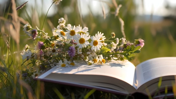 草地上的书与野花摄影图