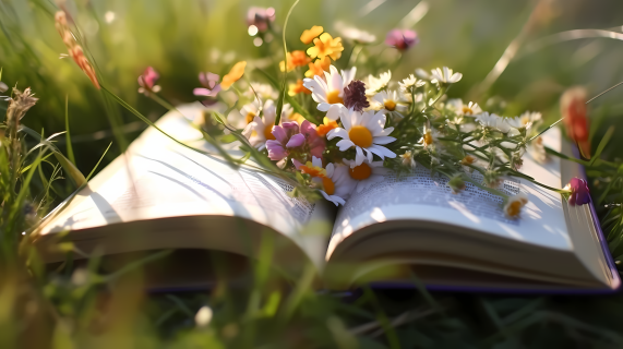 开放的书籍被花所簇拥的草地摄影图