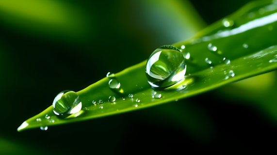 翠绿叶片上的水滴自然意象摄影图