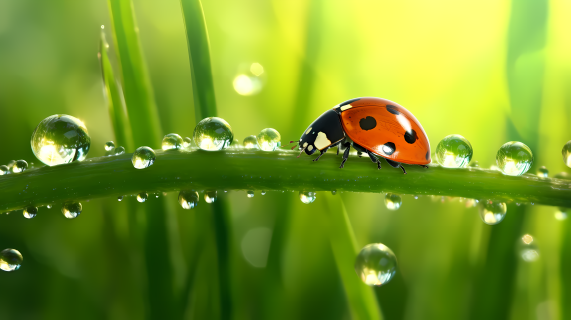草地上的瓢虫和水滴摄影图