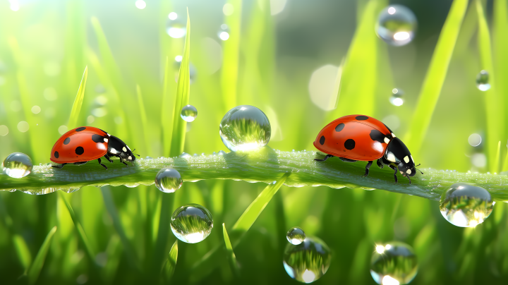 瓢虫在滴水草地上的倒影摄影图版权图片下载