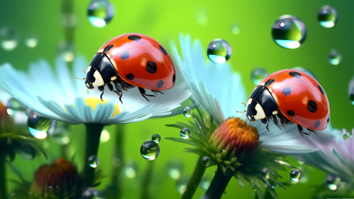 真实主义风格的瓢虫花朵滴水摄影图版权图片下载