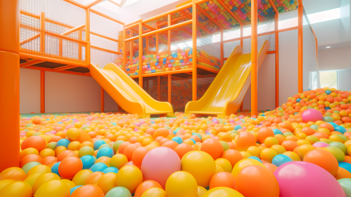 球堆乐园鲜艳多彩的滑梯与球堆摄影版权图片下载