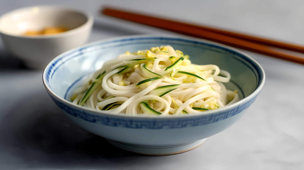 浅蓝浅黄交织的西葫芦面条摄影图版权图片下载