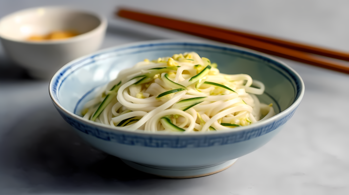 浅蓝浅黄交织的西葫芦面条摄影图