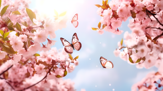 樱花与蝴蝶的轻盈摄影图