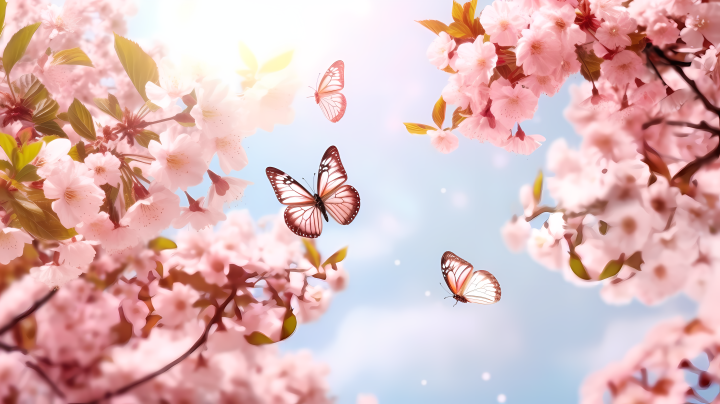 樱花与蝴蝶的轻盈摄影图版权图片下载