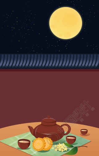 古建筑房檐红色城墙院落中秋节赏月亮茶壶茶具月饼背景