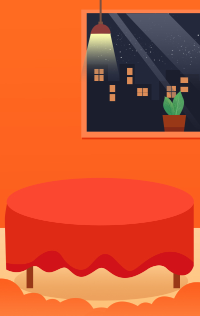 盆栽绿植窗户窗外城市夜景灯光红色圆桌布背景