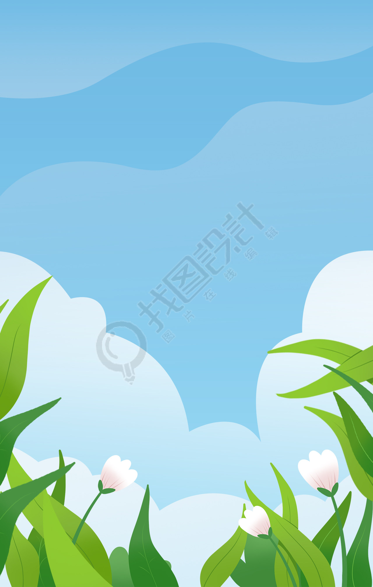 小花朵草丛绿叶蓝天白云户外手绘插画背景