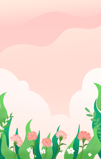 花朵草丛绿叶粉色天空云朵背景