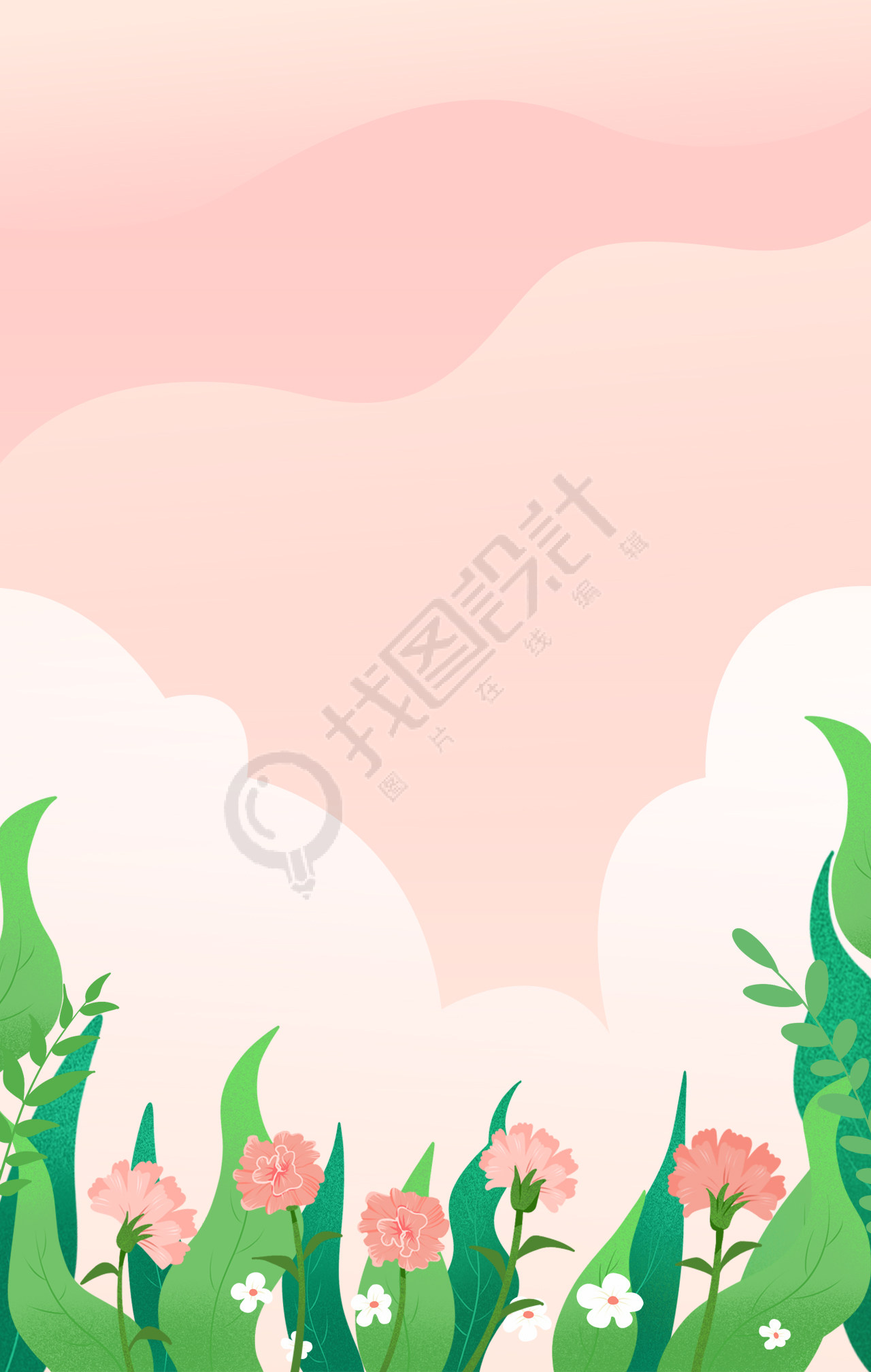 花朵草丛绿叶粉色天空云朵背景