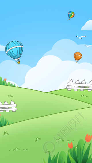 春天踏青热气球蓝天白云飞鸟栅栏草地背景