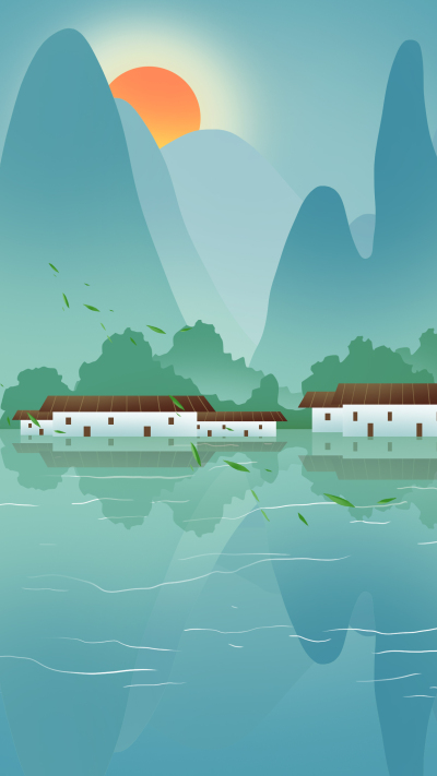 中国风山水江南水乡风景河面倒影树丛落叶背景