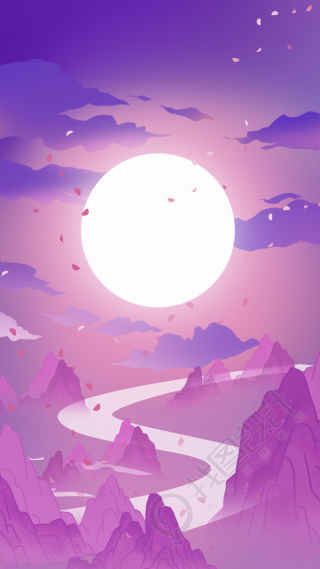 紫色梦幻花瓣飘落满月亮山水河川背景