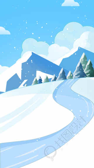 雪山雪松雪地下雪花冬天小河滑道滑雪背景