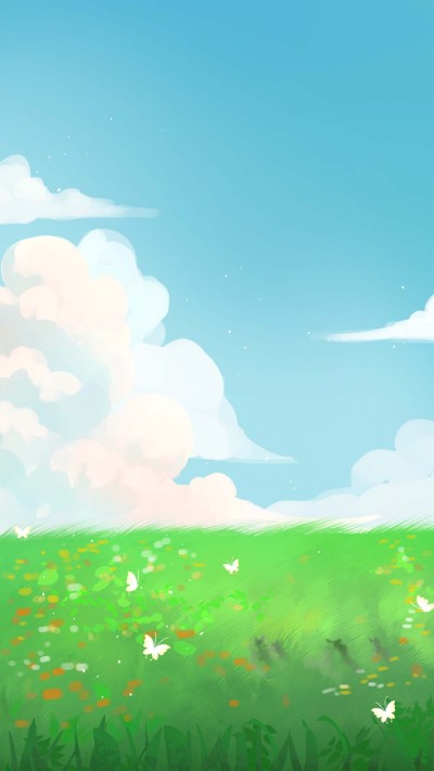 春季蓝天白云草地蝴蝶清新背景