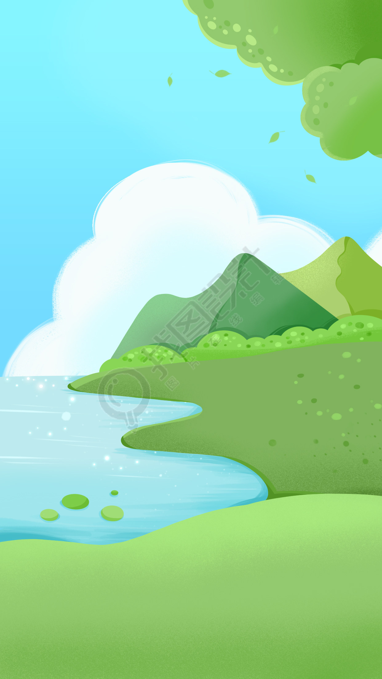 树林河流蓝天白云背景