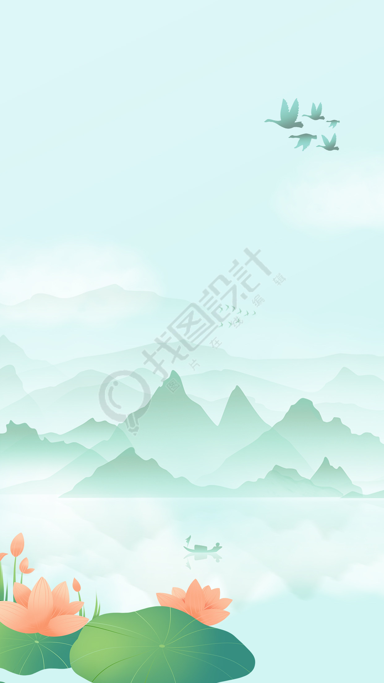 青色山水荷花背景