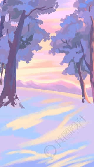 冬季雪地树林夕阳晚霞背景