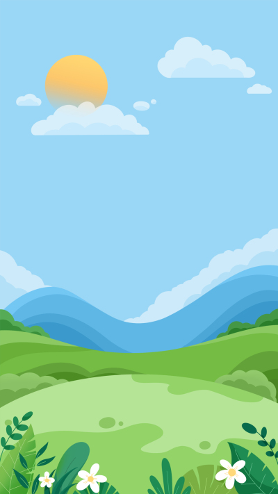 手绘春天蓝天白云草地远山背景