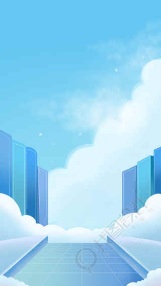 创意手绘蓝色城市白云背景