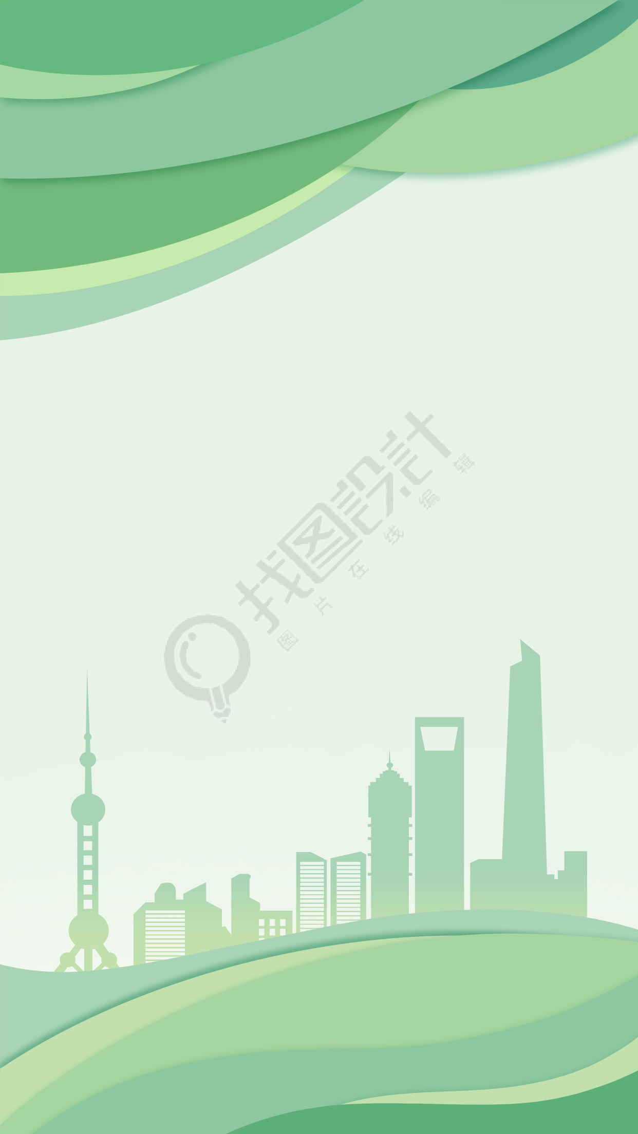 绿色色块城市建筑剪影背景
