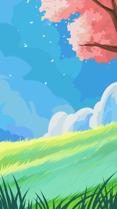 手绘春风吹拂的蓝天草地背景