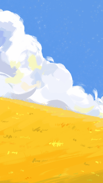油画棒手绘蓝天白云黄草地背景