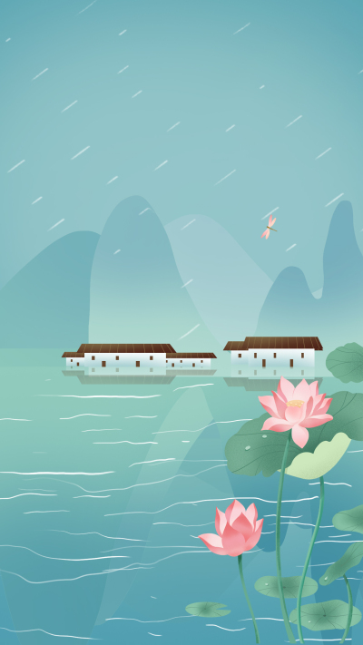 古风山水雨中建筑背景