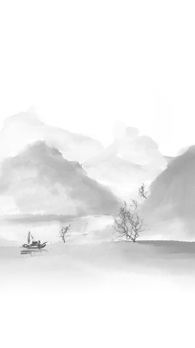 黑白色水墨山水湖上渔船背景