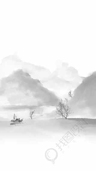 黑白色水墨山水湖上渔船背景