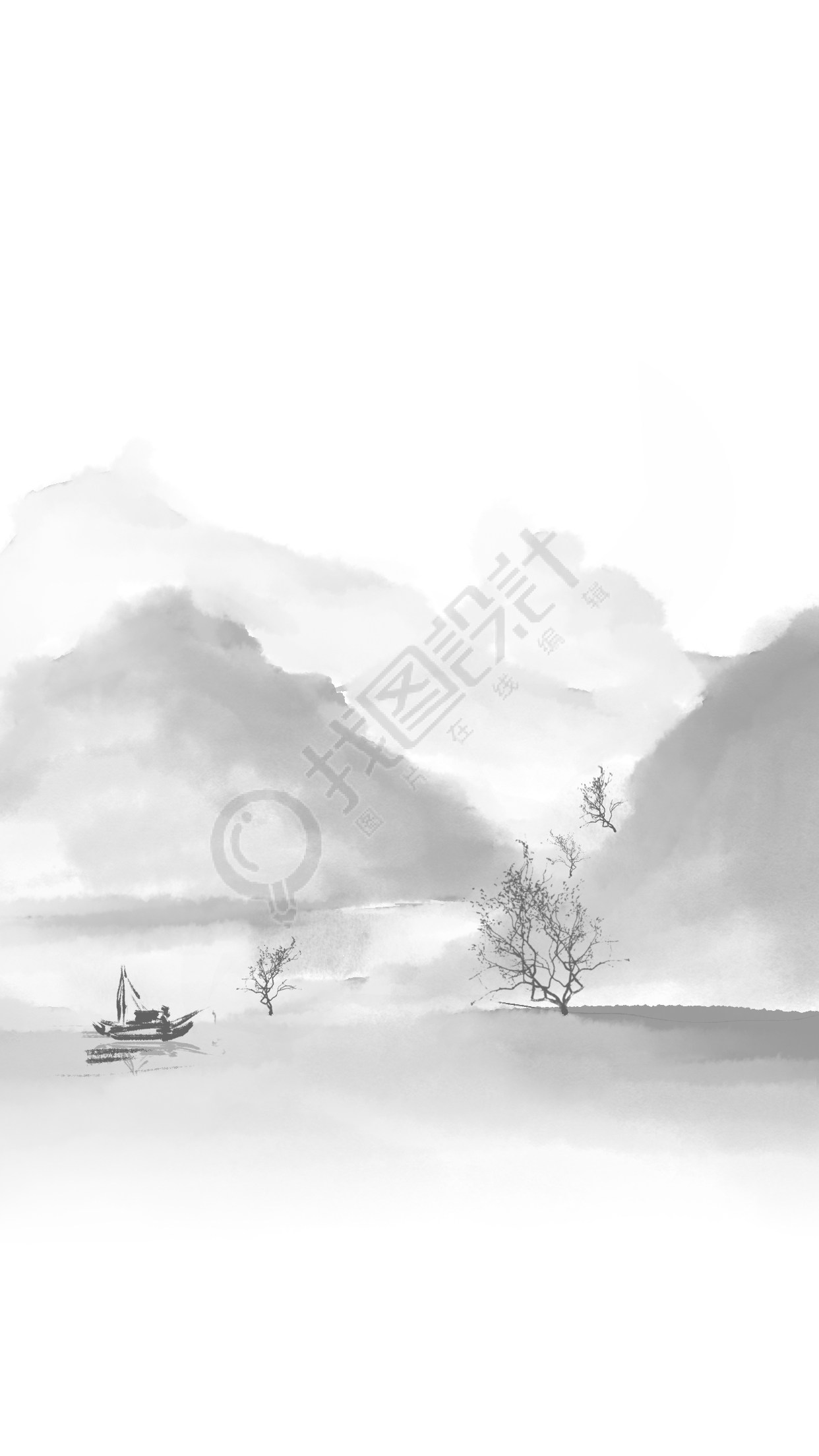 黑白色水墨山水湖上渔船背景