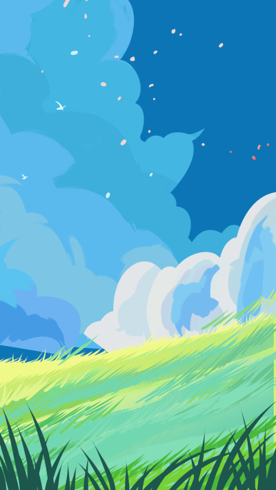 唯美漫画风蓝天白云草地背景