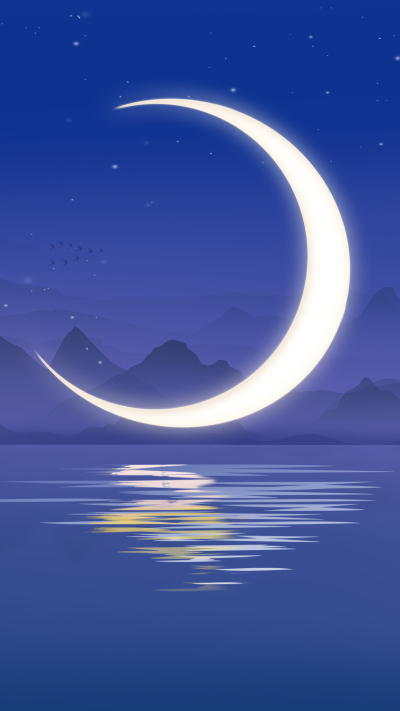 深蓝色湖面上一轮弯月背景