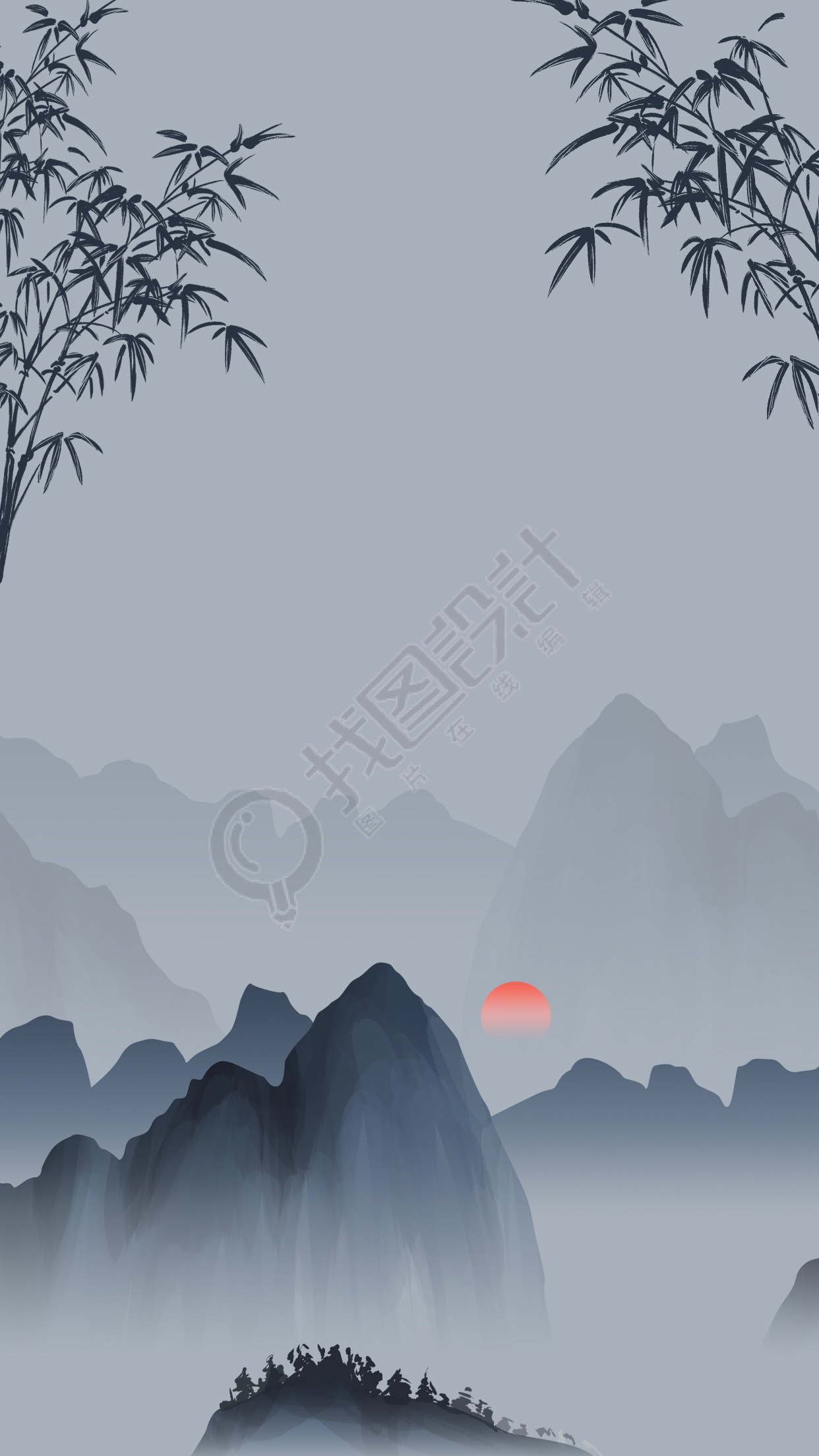 竹叶远山红日水墨风格背景